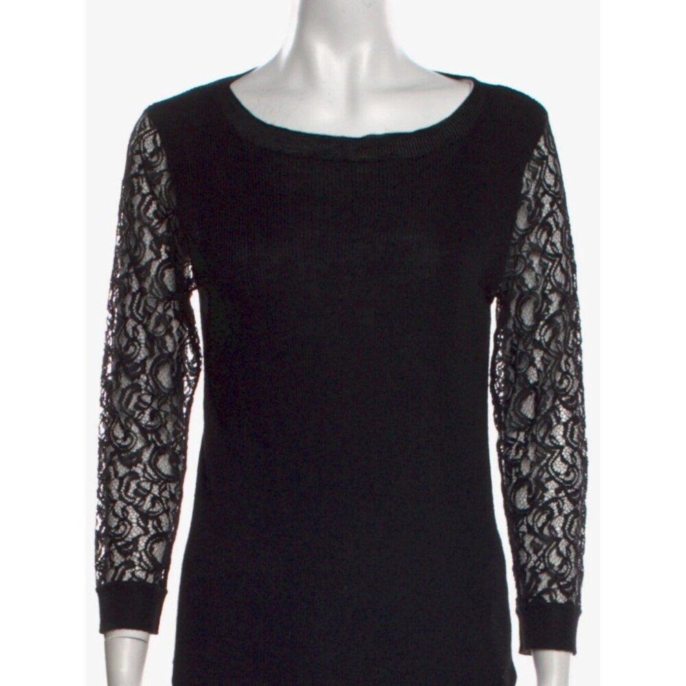 Rebecca Taylor Black Lace-Sleeve Boatneck Knit Top - Size L